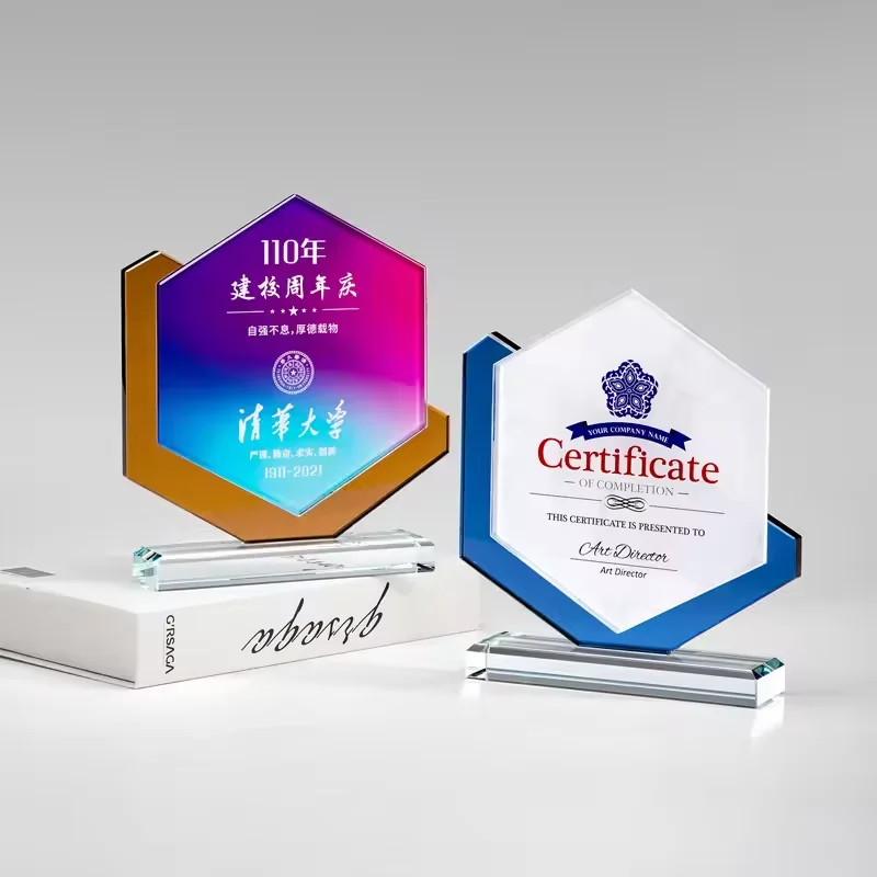 Custom Noble blank sublimation Manufacturer colored Hexagon plaque shield glass Crystal trophy award With Black Base
