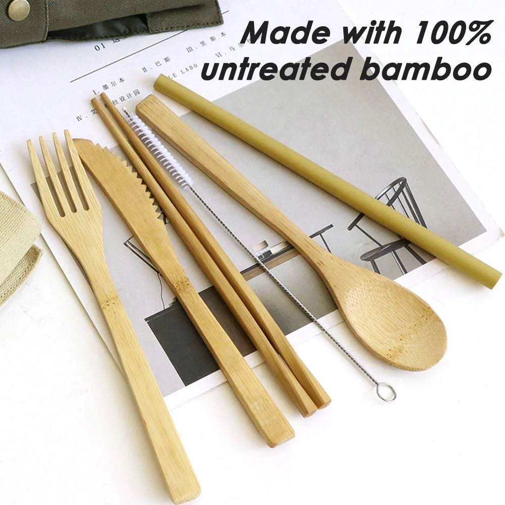 Wholesale engraved logo bamboo cutlery set reusable Eco-friendly bamboo cutlery set travel Knife, Fork, Spoon, Straw,Chopstick