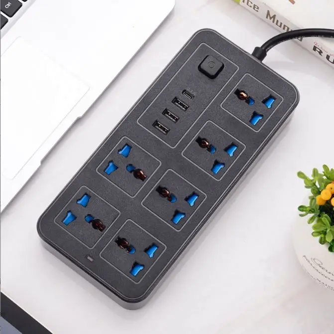 6 Outlets Surge Protector Socket 3 Usb+Type-c Port Socket Power Socket With 2m Bold Extension Cord