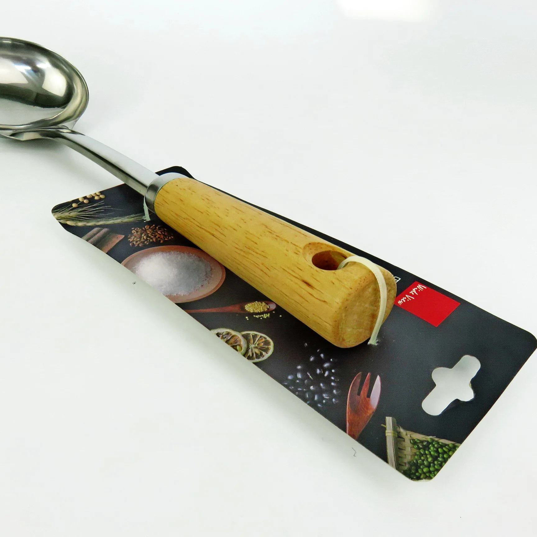 Hot sale high quality Rubber Wood Handle Kitchen Utensils tools Stainless Steel Wooden Handle Serving spoon