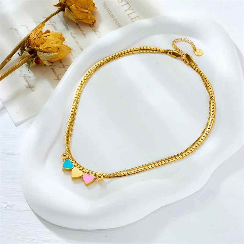 Stainless Steel Double Layer Lovely Heart engraved Necklace For Women Girl Fashion Waterproof Chains Non-fading Jewelry
