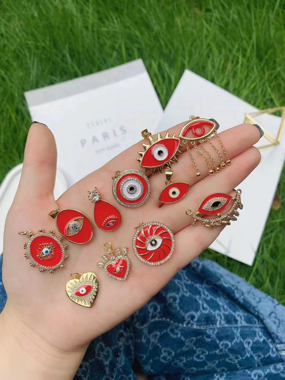 Blue/White/Black/Red Enamel Charms Round Eye Hamsa Hand Evil-Eye Heart Pendant Halloween Beads for Jewelry Making