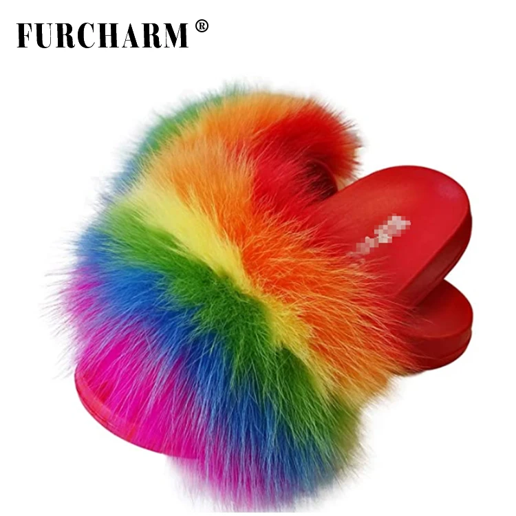 Chinese wholesale fluffy custom furry fur slides for ladies rubber summer pvc slipper raccoon fox fur slippers for women