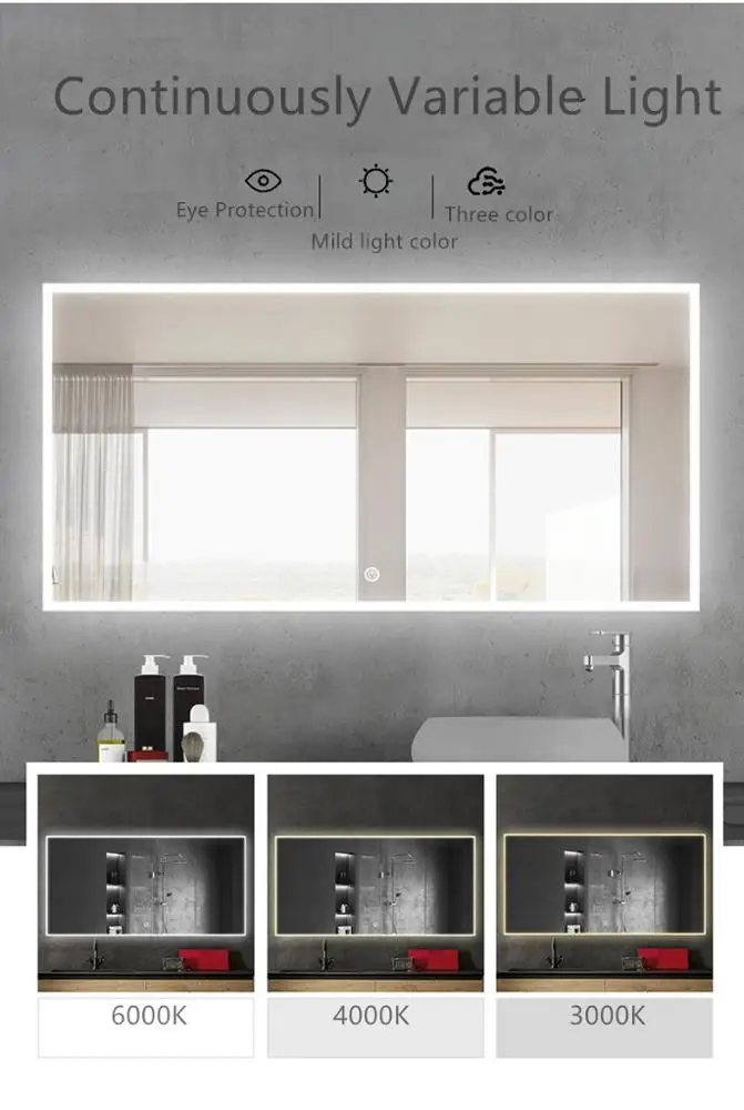 Smart Mirror Home and Hotel Custom Touch Screen Anti-fog Backlight Led Light Bathroom Mirror