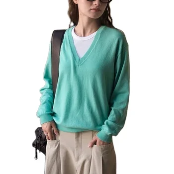 Autumn New Korean Version V-Neck Wool Knitted Pullover for Women Smooth and Soft Slimming Casual Top