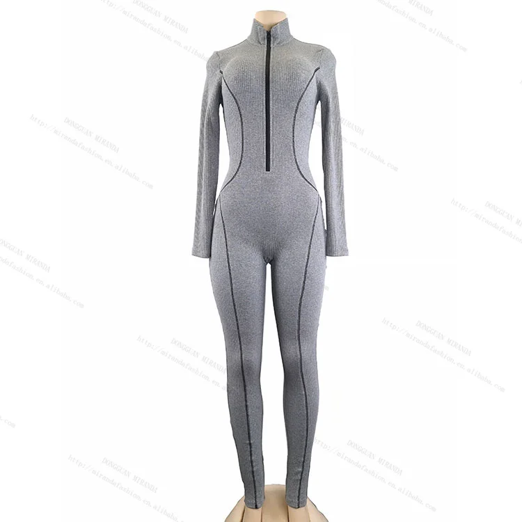 Custom Rib-knit Long Sleeve Zip Up One Piece Gym Sports Stitch Bodycon Jumpsuit For Women