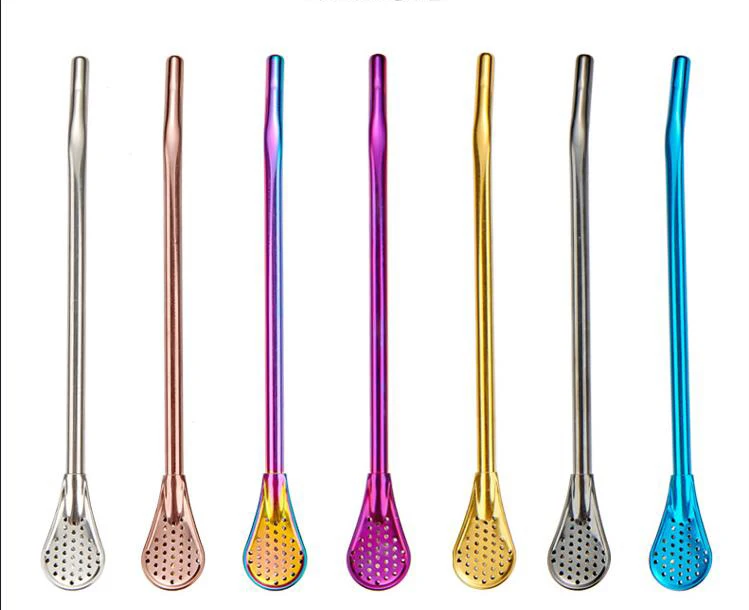 Colorful 304 Stainless Steel Tea Drinking Straws Spoon Yerba Mate Tea Filter Reusable Bombilla Gourd Tea Tools Bar Accessories