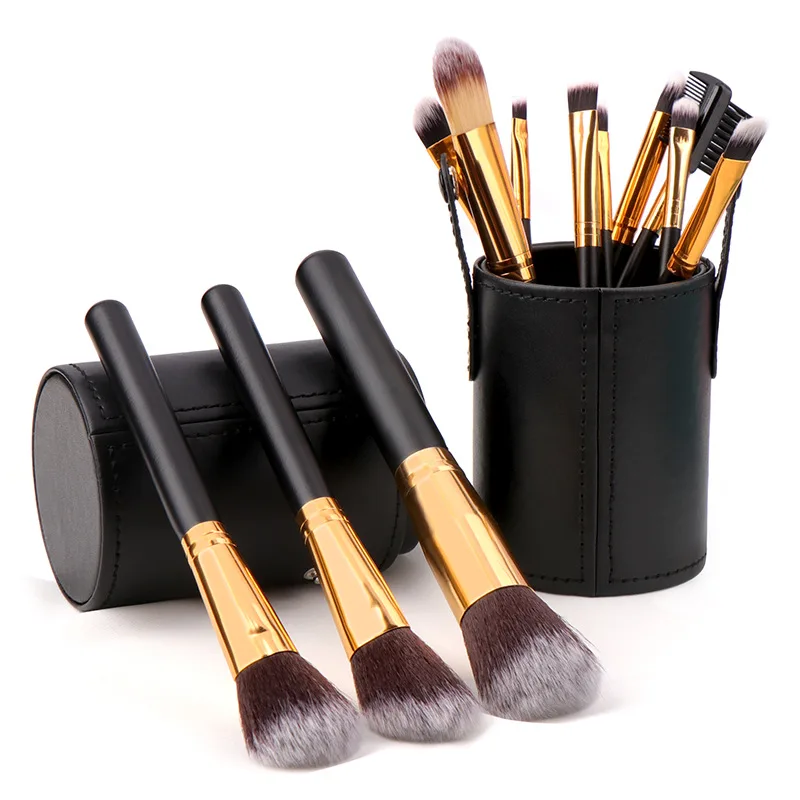 12Pcs Private Label Fashion Japanese Poundation Powder Travel Wooden Make Up Brush Set WIth Cup Holder Case