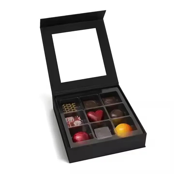 Custom empty black chocolate truffle box packaging with window boxes for truffles