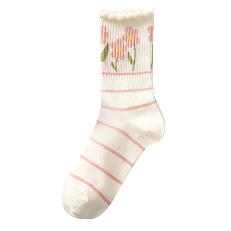 HY-1814 Wholesale Women Floral Cotton Jacquard Pink Socks Ladies Flower Crew Socks Girl