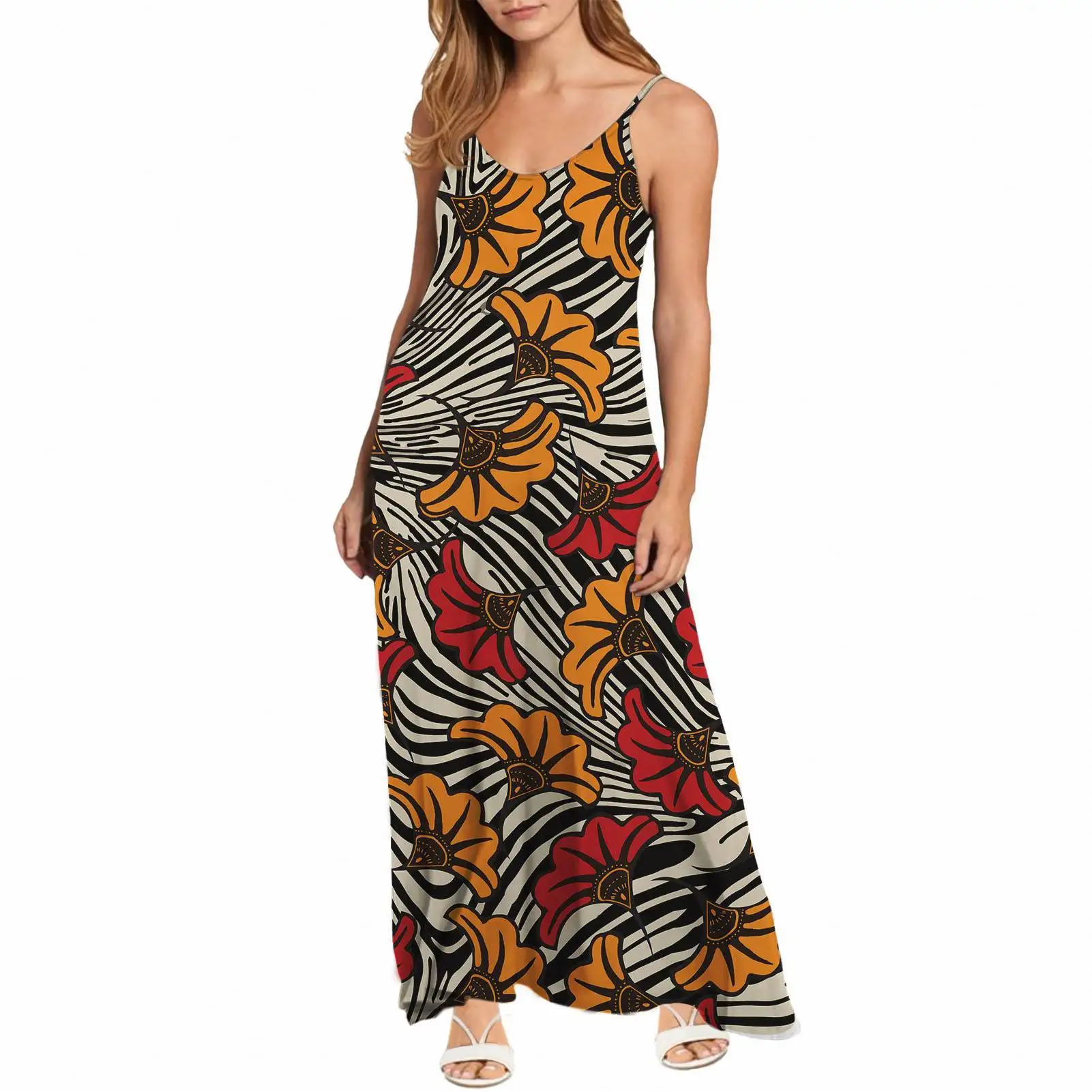 
Pretty Yellow and Red Kpotuba Africa Print Ankara V Neck Adjustable Spaghetti Strap Sexy Lady Sleeveless Summer Maxi Dresses 