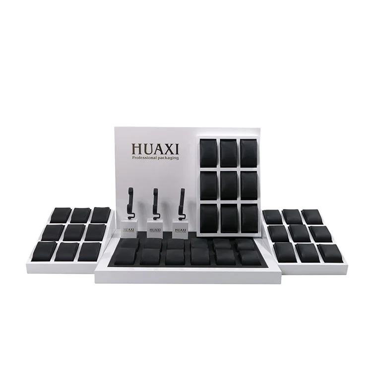 Multi-function white  Luxury Custom Logo Pillow Holder Wooden black PU Leather Watch Display Stand Window Display Set Watch Tray