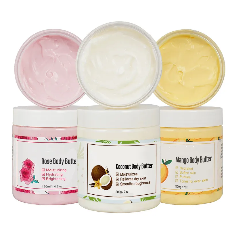 Hot Selling organic body butter whitening moisturizing soothing rose mango coconut body butter private label