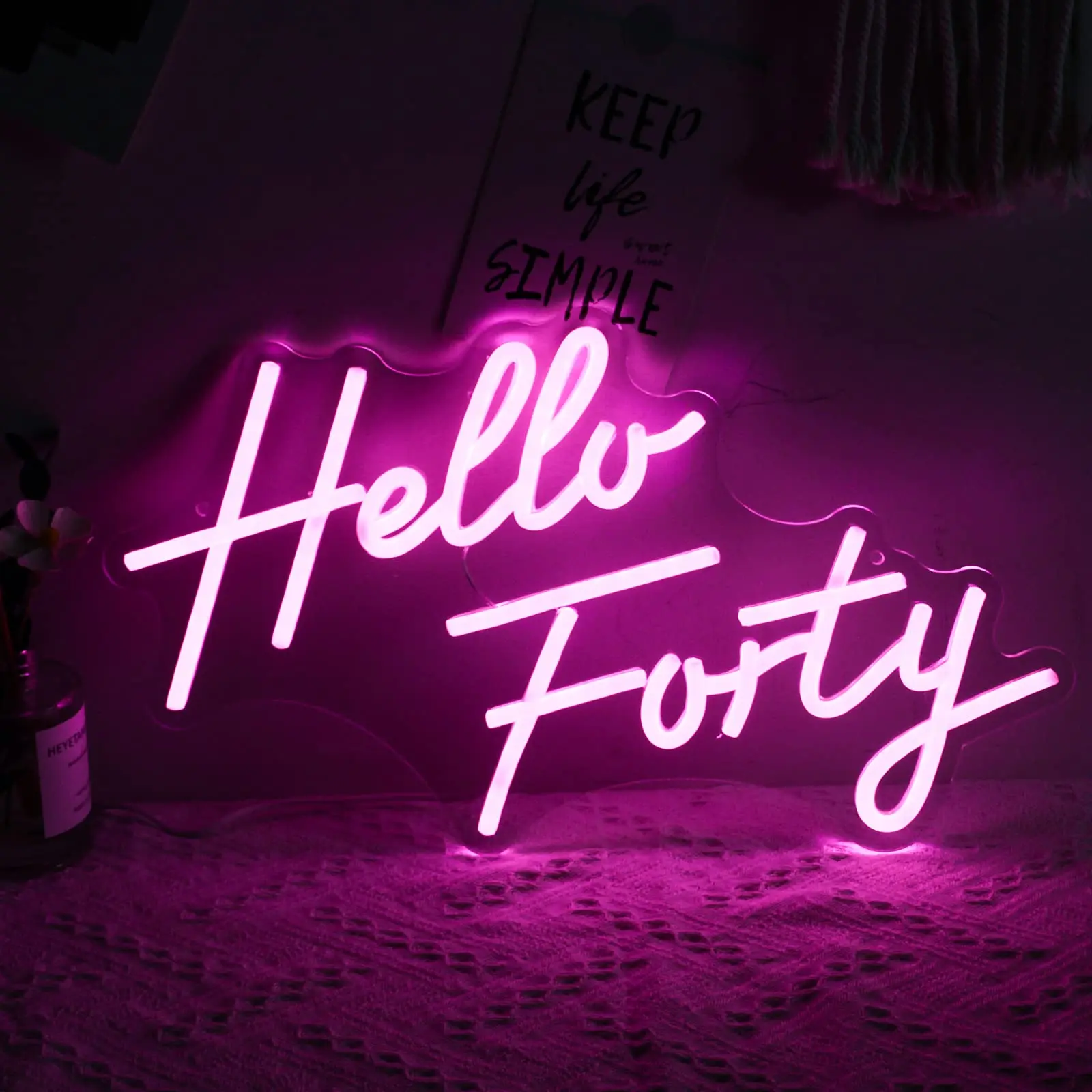 Hello Forty Neon Sign 40th Birthday Dimmable Neon Sign Pink Letters Neon Lights For Bedroom Decor USB Hanging Sign For Home