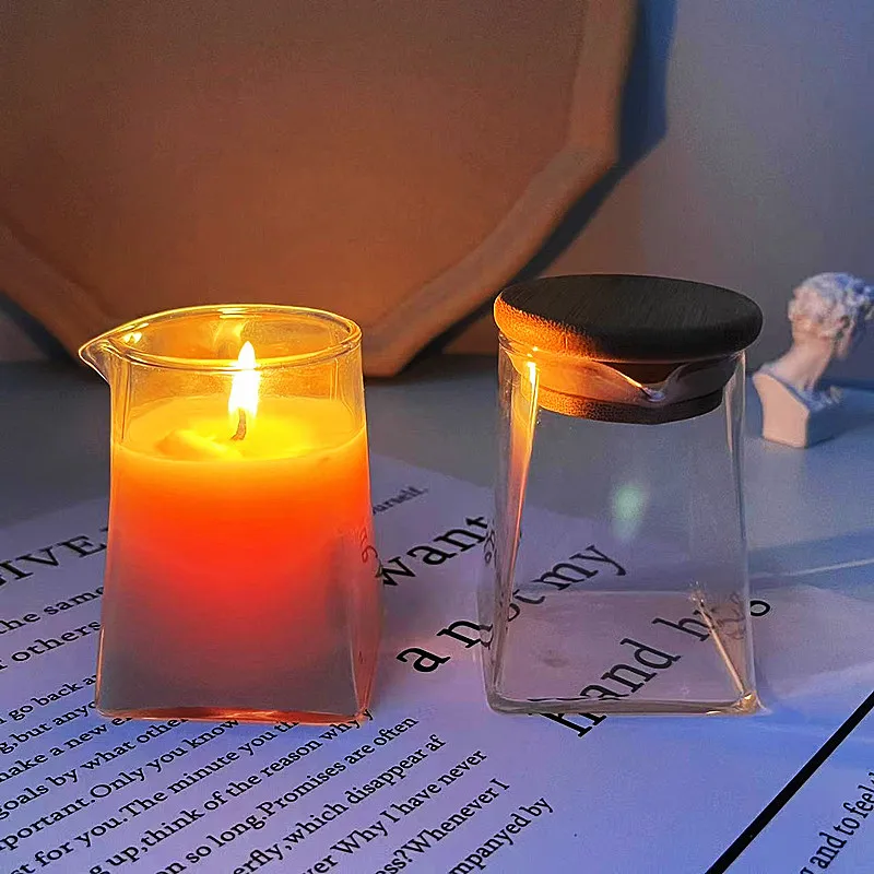 Custom Mini 4oz Clear Unique Trapezoid Empty body oil Balm glass candle containers massage candle jar with spout and lid