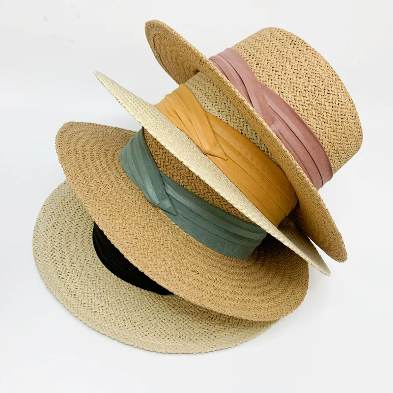 High quality paper flat top summer beach hat women straw hats with ribbon