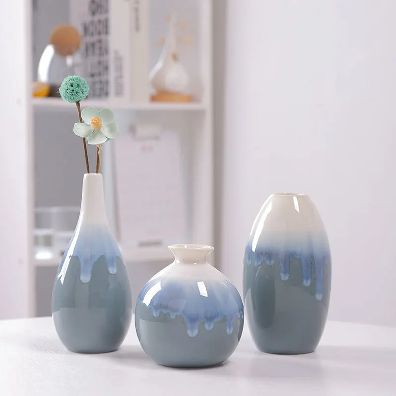 Flowing Glaze Kiln to Blue Ceramic Vase Decoration Home Decoration Plain Burnt White Vase Flower Insert Three Piece Set