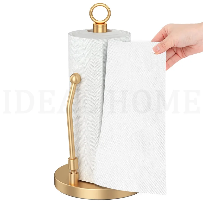 Gold Stainless Steel Paper Towel Holder with Weighted Base Non Slip and Spring Arm
