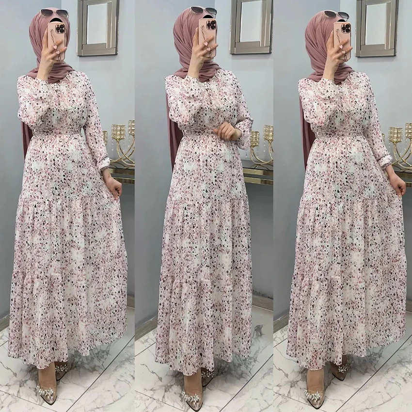 OEM New Chiffon Fabric Green Moroccan Print Floral Long Abaya Modest Muslim Dress Women Kaftan Dubai Jilbab Islamic Clothing