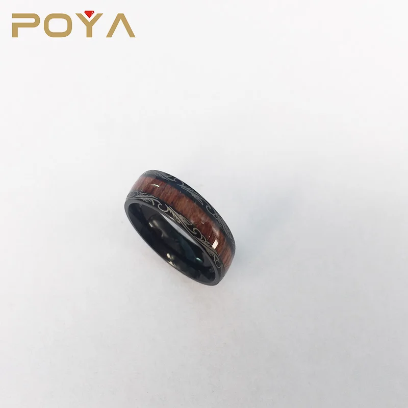 POYA 8mm Black Titanium Ring Koa Wood Inlay Dome Edge Comfort Fit Wedding Band