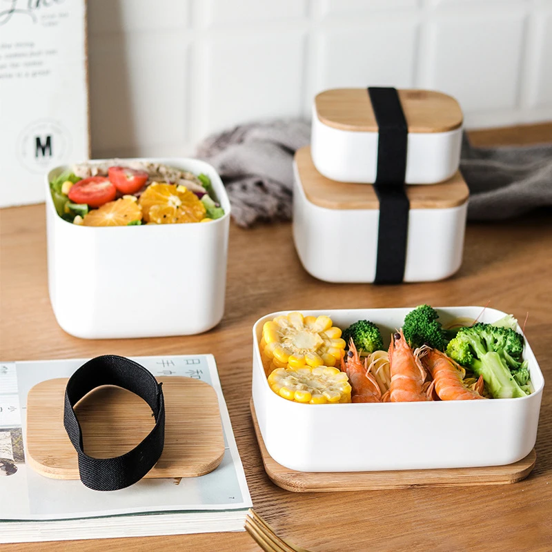 Пластиковый контейнер bento в японском стиле с деревянной крышкой портативный детский Ланч-бокс для пикника