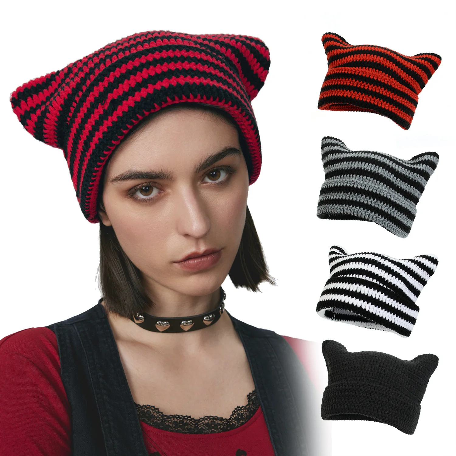 New Model Adult Pure Hand-knitted Pullover Beanie Personalized Thermal Striped Knitted Cat Ear Hat