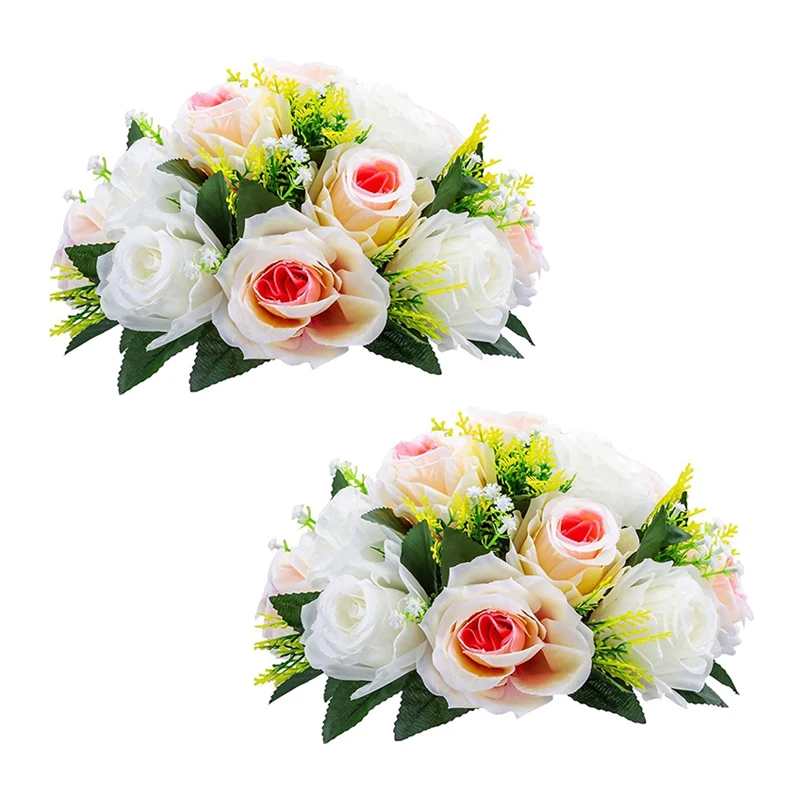 2Pcs Flower Kissing Ball Arrangement Bouquet 15 Heads Plastic Artificial Silk Rose Flowers for Wedding Party Centerpiece