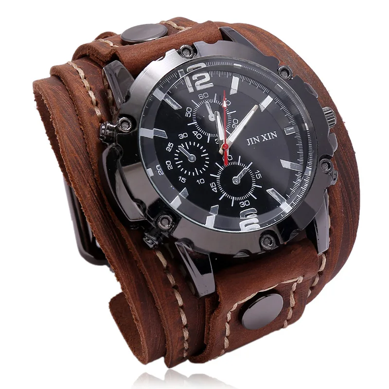 New Vintage Retro Punk Leather Quartz Watch for Men hip hop jewelry Pu leather bracelet Band Round Pointer Quartz Watch