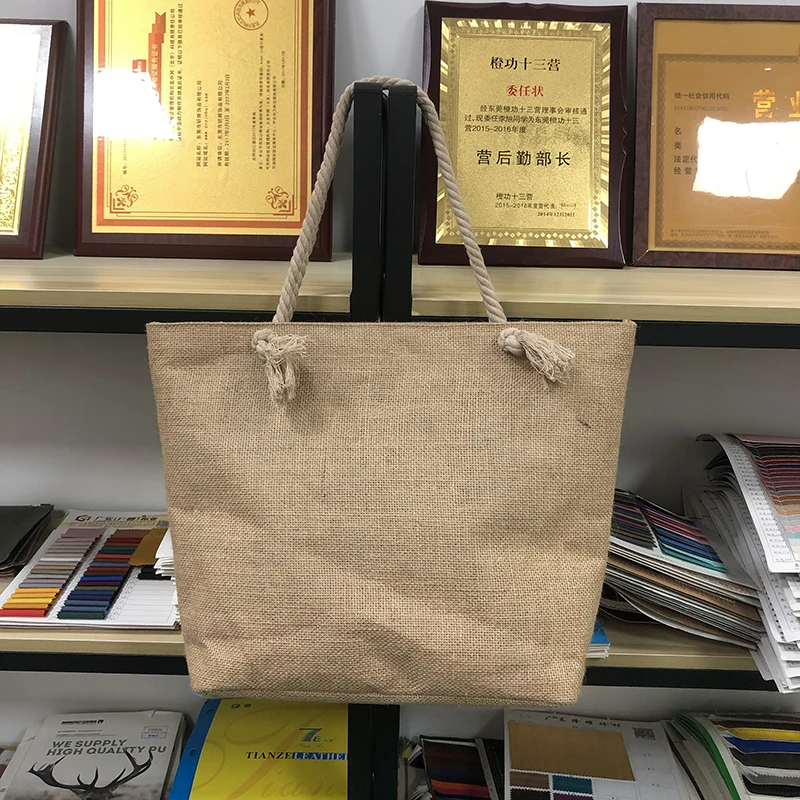 Portable Burlap Jute Shopping Bag Handbag Bamboo Loop Handles Tote Retro DIY Bag Handbag Women Big Size Beach Bag For Girls