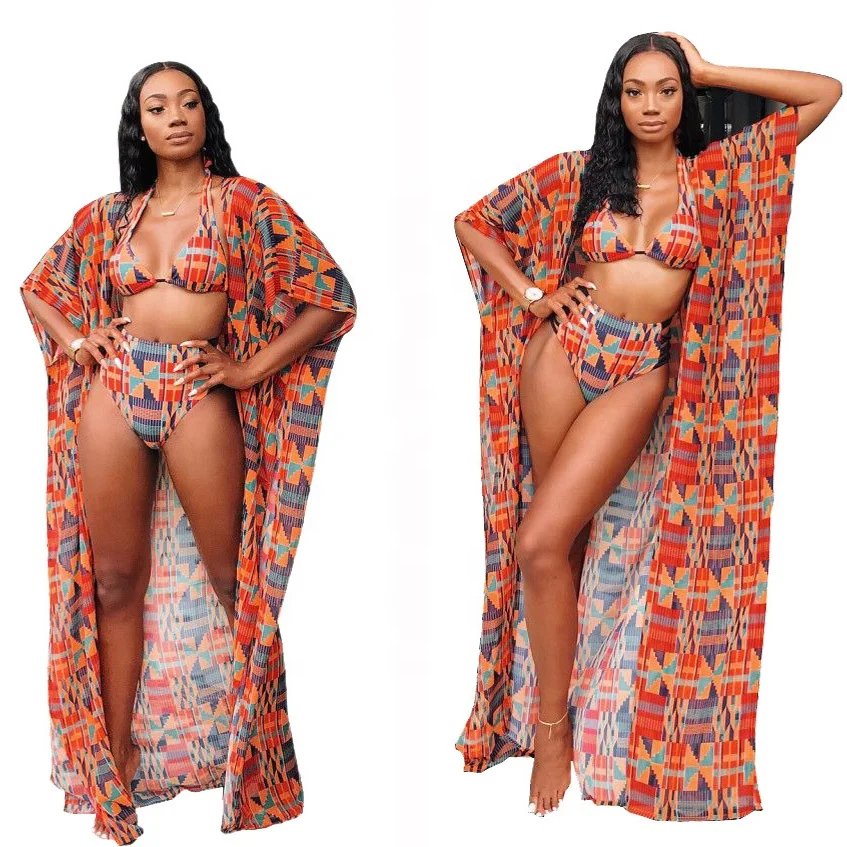 
3 Piece Bikini Sexy Swimsuit Swimwear Coverups Set African Print Clothing Women 2020 
