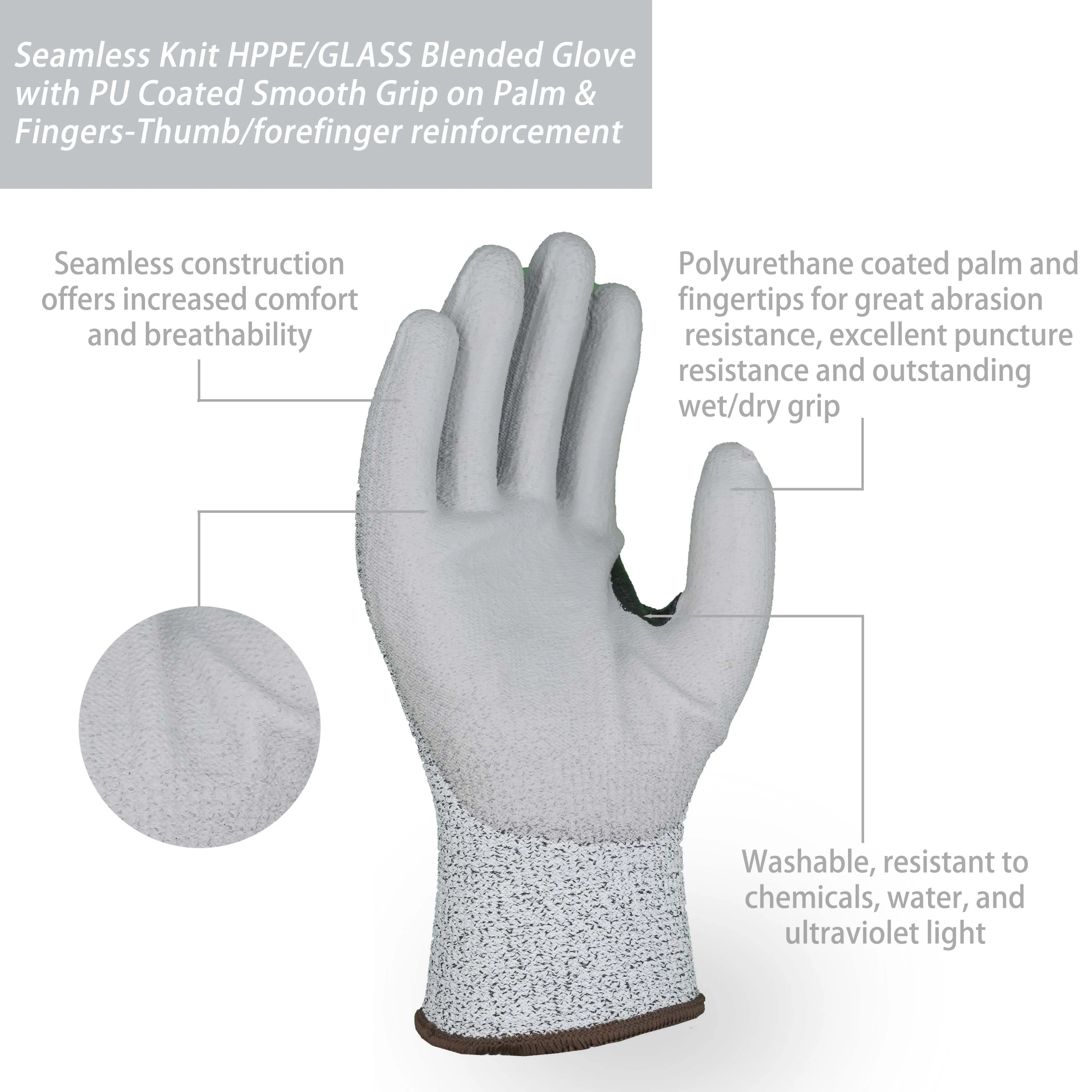 SKYEE custom gery pu coated hppe knit wrist level 5 cut resistant anti stab work safety construction gloves for woodcutter
