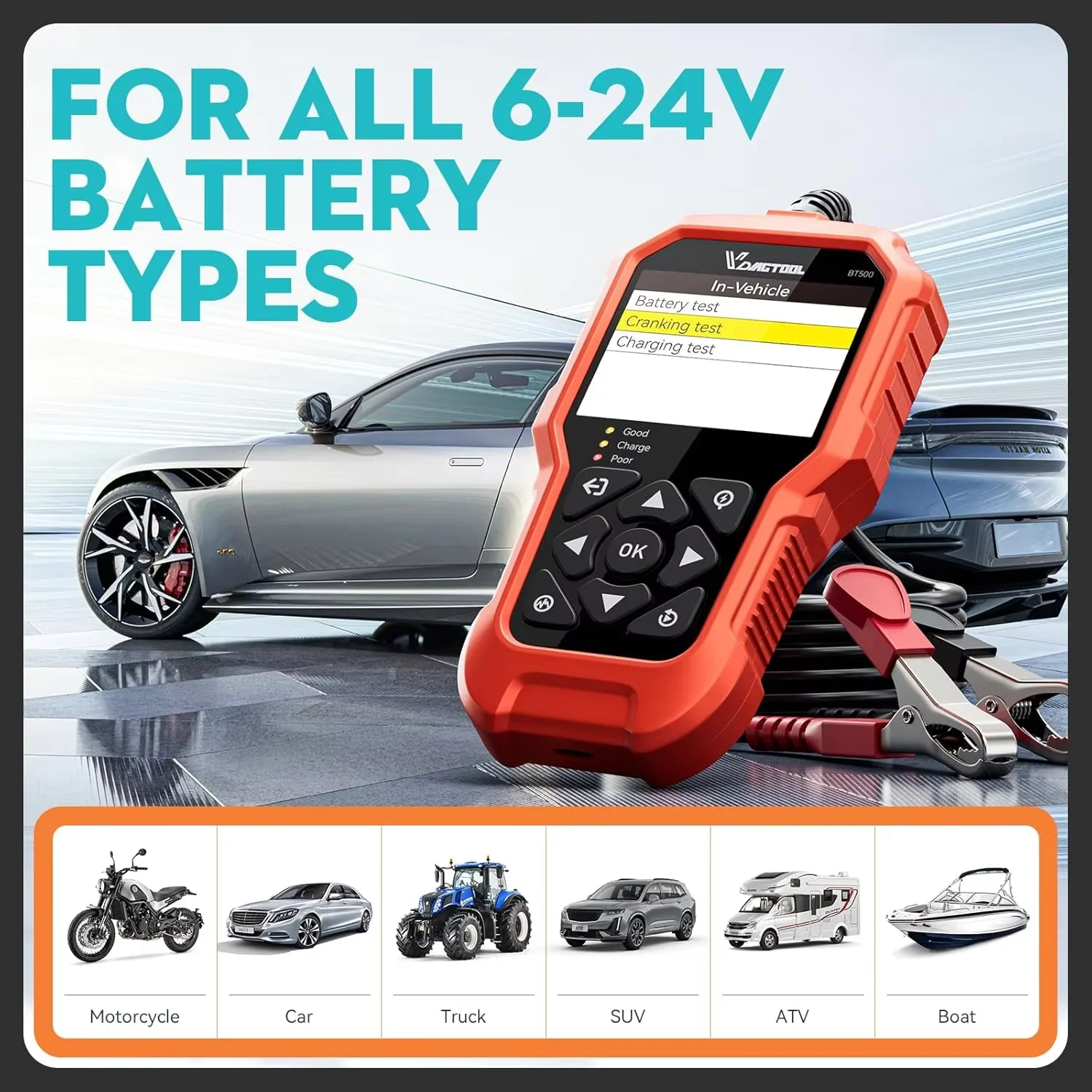 VDIAGTOOL BT500 6 В/12 В/24 В тестер автомобильного аккумулятора 5-3000 CCA автоматический анализатор мото-аккумулятора автомобильные инструменты для проверки зарядки
