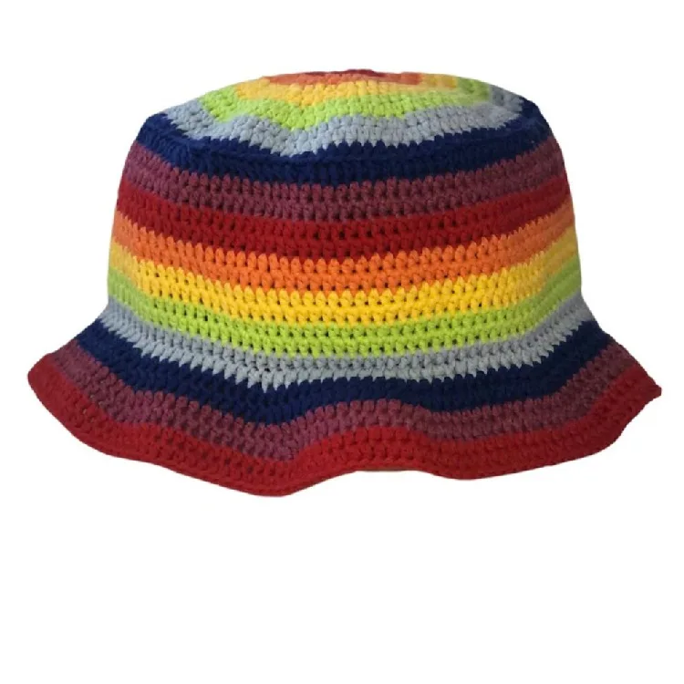 New Striped Rainbow Knitted Woolen Fishing Cap Autumn Winter Retro Ruffled Warm Bucket Hat