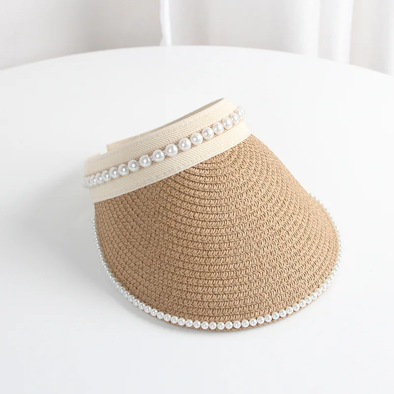 FF1465 Summer Women Straw Beach Hat Wide Brim Sun Visor Hat Ponytail Pearl Straw Visor Hat for Women