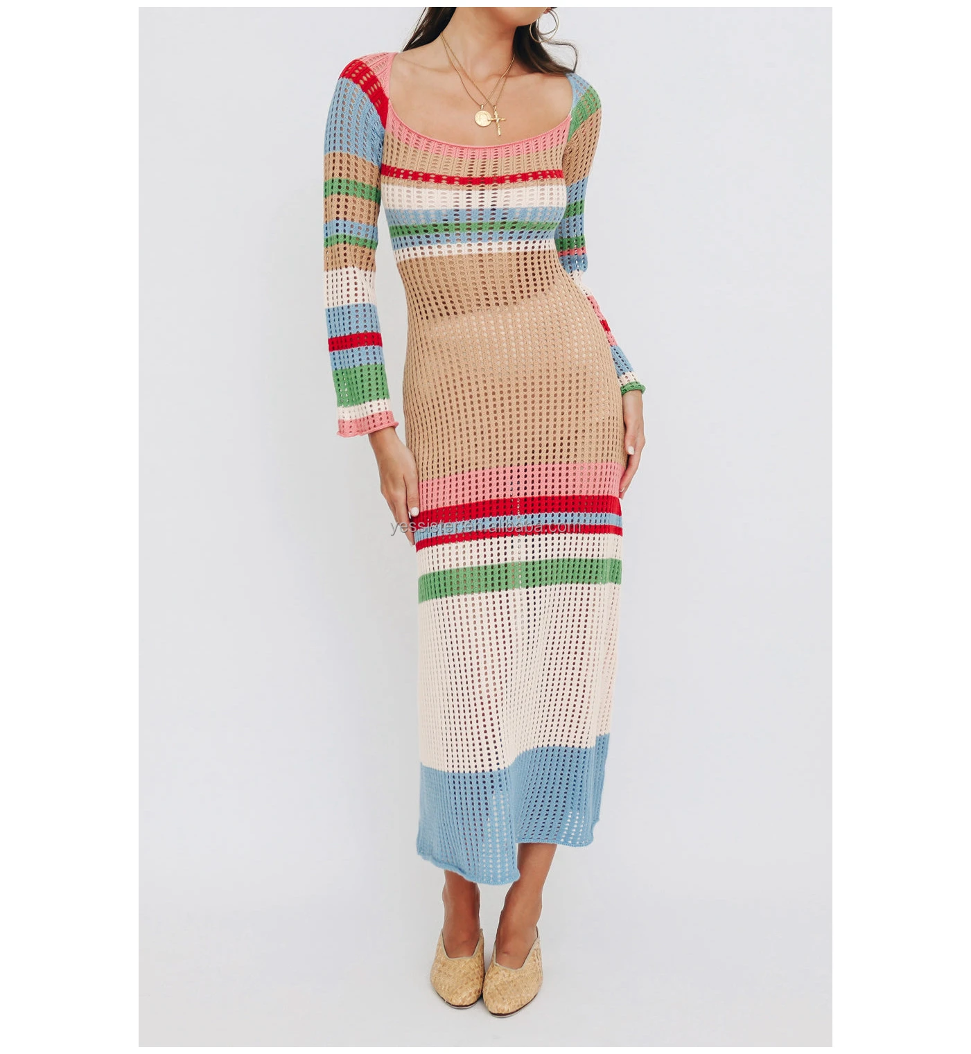 Women Knitted colorful striped  handmade crochet dress with long sleeves maxi women summer beach dresses