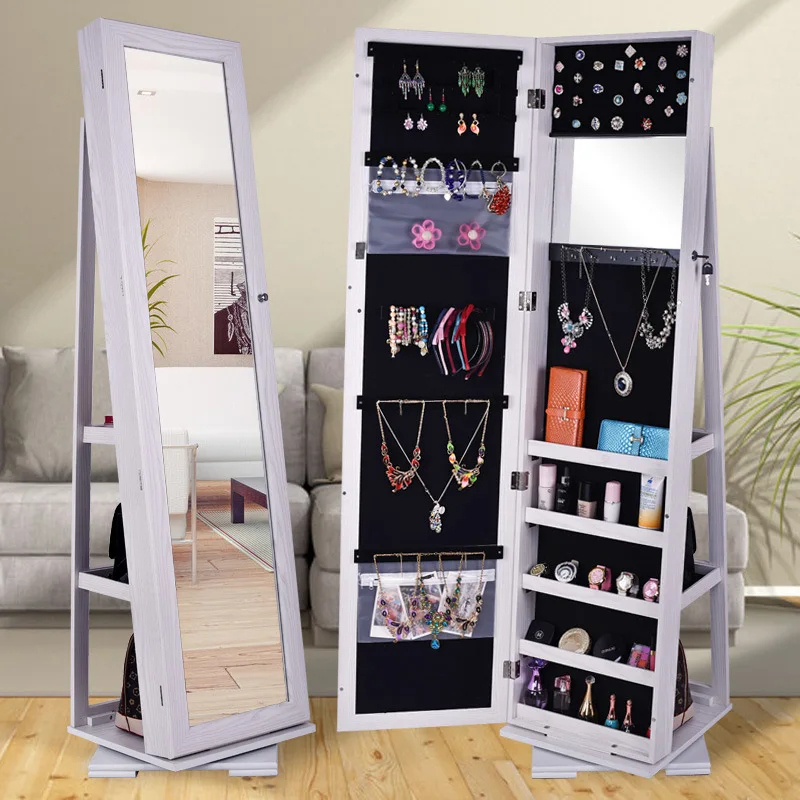 360 Degree Free-standing Revolving Mirror Cabinet Wooden Full Body Mirror Multi Jewelry Storage Mirror Cabinet for Living Room