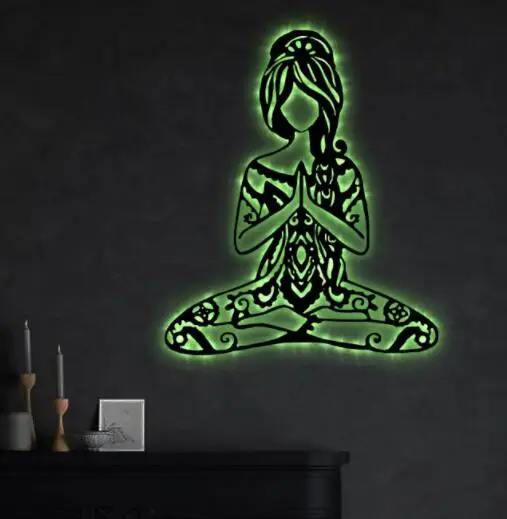 Yoga Girl In Hippie Style Metal Wall Art With LED Lights Yoga Room Sign Decoration For Living Room Namaste Outdoor Home Decor