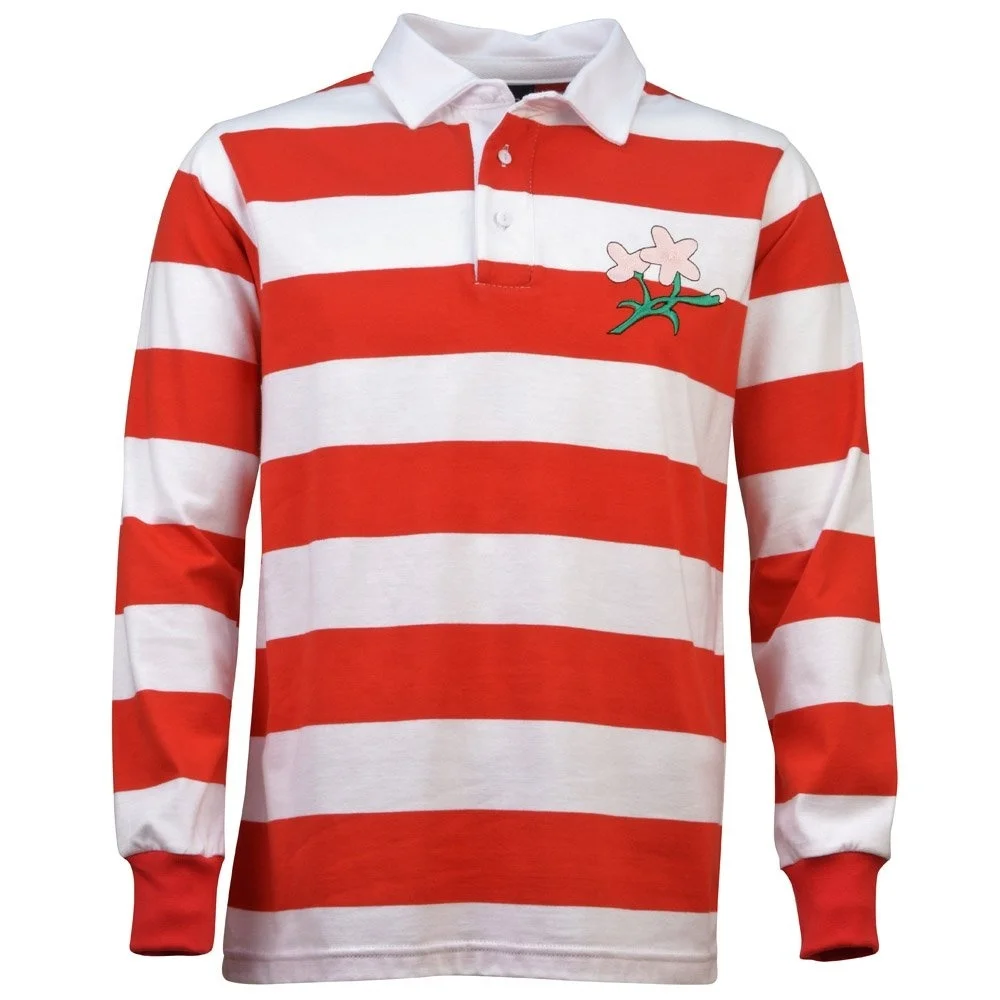 Japan 1932 Vintage Rugby Shirt Super Heavy Weight Red And White Striped Rugby Jersey With Embroidered Cherry Blossoms