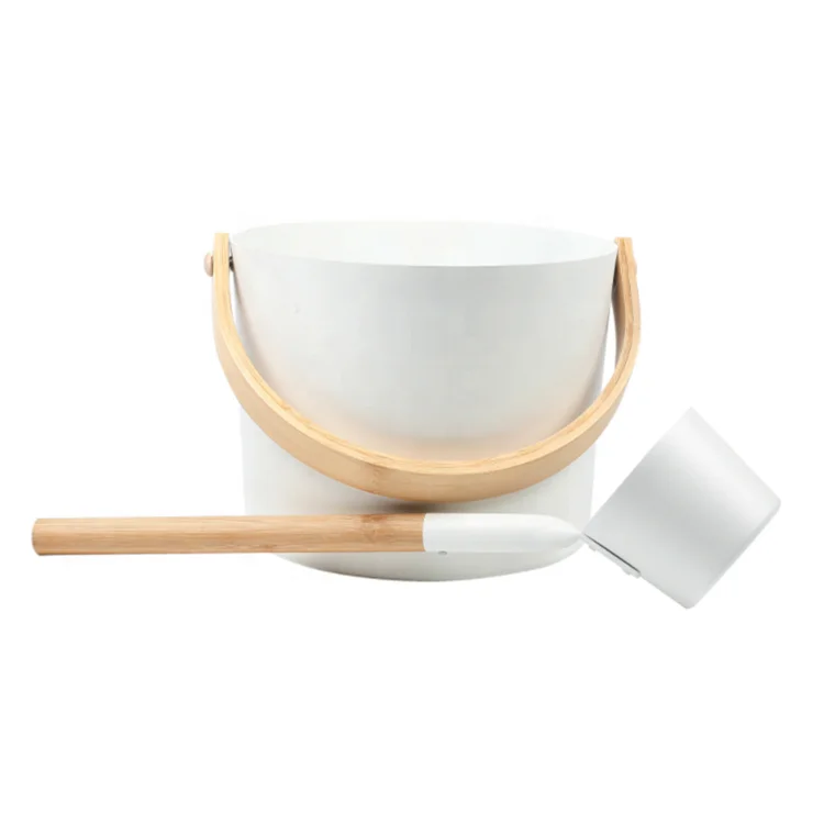 Aluminium Sauna bucket with bamboo handle, metal bucket with wooden handle