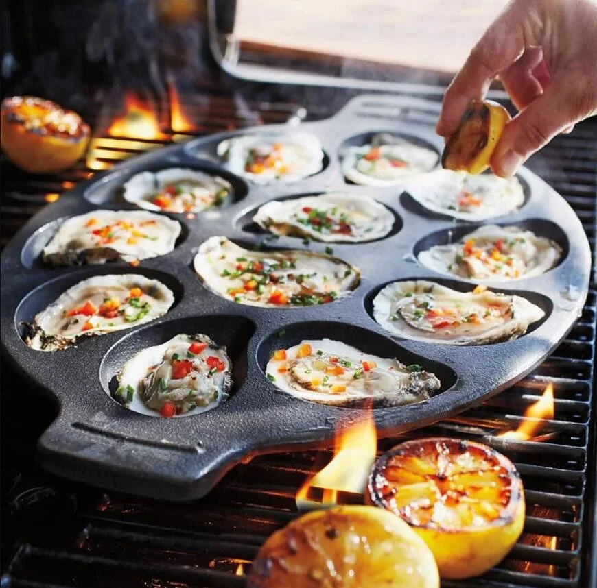 Hot Selling 12 Hole Oil Plant Coated Cast Iron Nonstick Baking Pan Bake Ware Cookware Oyester Pan With Handle