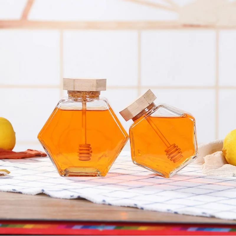 china manufacturers wholesale import wood lids 500 ml hexagonal honey glass containers jars with lids