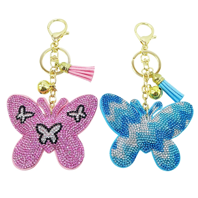 Creative Korean Velvet Diamond Butterfly Insect Keychain Pendant Tassel Bag Car Charm Flash Diamond Accessories