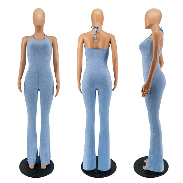 Amelie Hot Selling Halter Sleeveless Solid Color Summer Fashion Mother And Daughter Sets One Piece Long Flared Jumpsuits