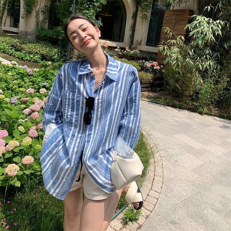 Shirts Women Plaid Long Sleeve Chic Loose Basic Top Spring Summer Thin Sun-proof Striped Shirt Button Up Blouse Loose Tops