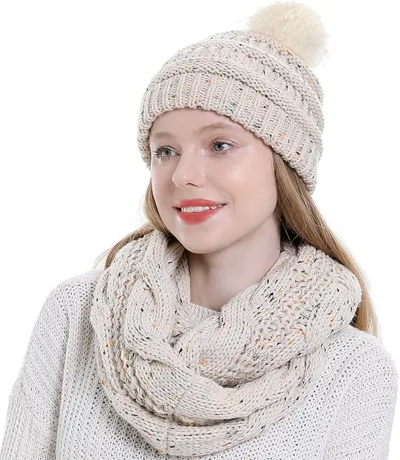 Wholesale High Quality Women Thick Cable Knitted Custom Circle Loop Infinity Soft Warm Beanie Hat Cable Knit Hat
