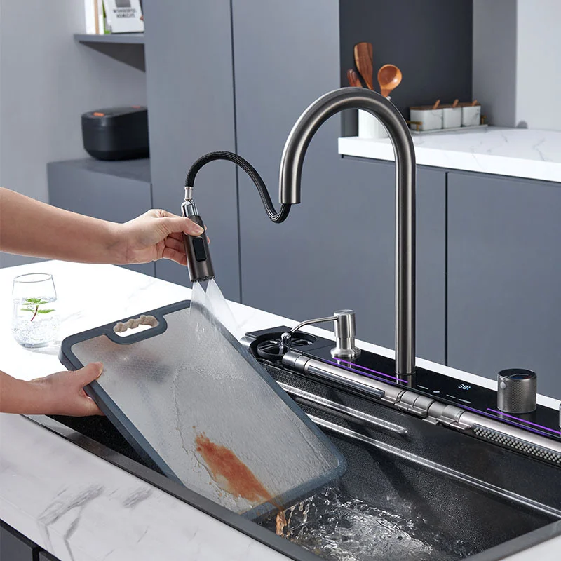 201/304 Stainless Steel Single Bowl Anti-rust Anti-scratch Handmade Digital Display Waterfall Bottom Black Kitchen sink