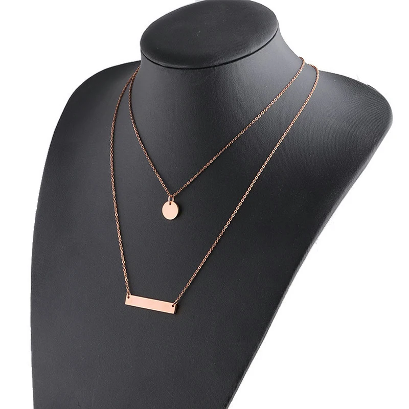 2021 Fashion Jewelry Double Layer Gold Personalized Stainless Steel Blank Bar Disc Charm Necklace