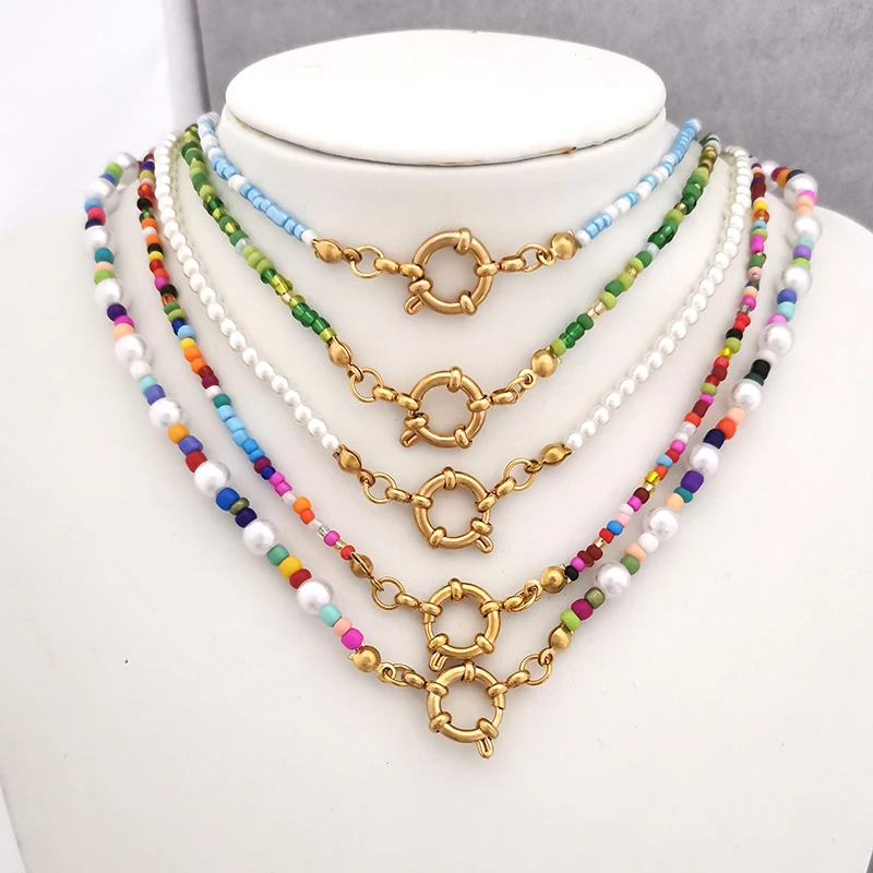 Imitation Pearl Necklace Women Choker Seed Beads Rainbow Stainless Steel Clasp Sailor Buckle Base Chain Gold Color Boho