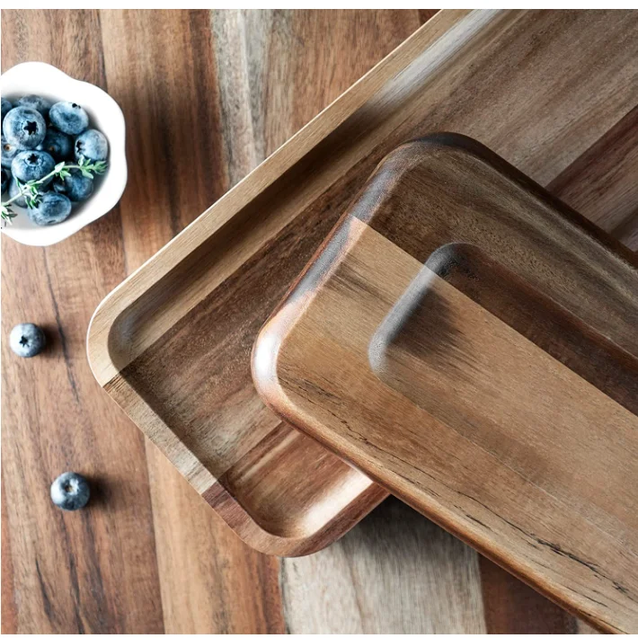 Hot Selling Custom Set of 3 Solid Wood Serving Trays Rectangular Wooden Serving Tray with Brown Marble Metal for Food Wholesale