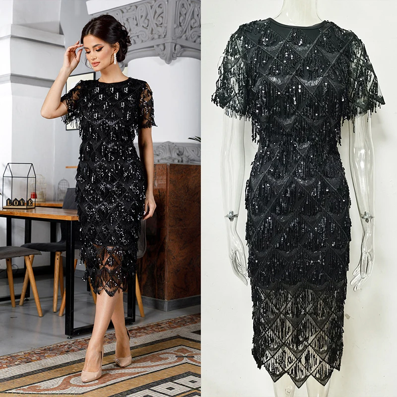 2021 Luxury High Quality Temperament Sexy Short Sleeve Black Tassel Sequins Formal Elegant Evening Dress
